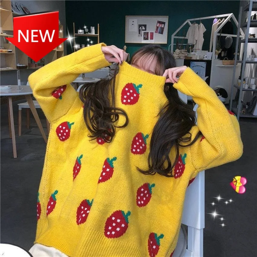

Осенний Новый женский свитер с длинным рукавом Свободный Вязаный топ в Корейском стиле для ленивых милый вязаный свитер с вышивкой фруктов