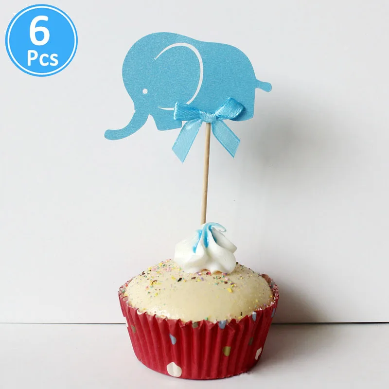 6pcs blue elephant Милая бумага со слоном торт кекс топперы для детского душа украшения его девочка мальчик Babyshower вечерние принадлежности пол раскрыть - Цвет: 6pcs blue elephant