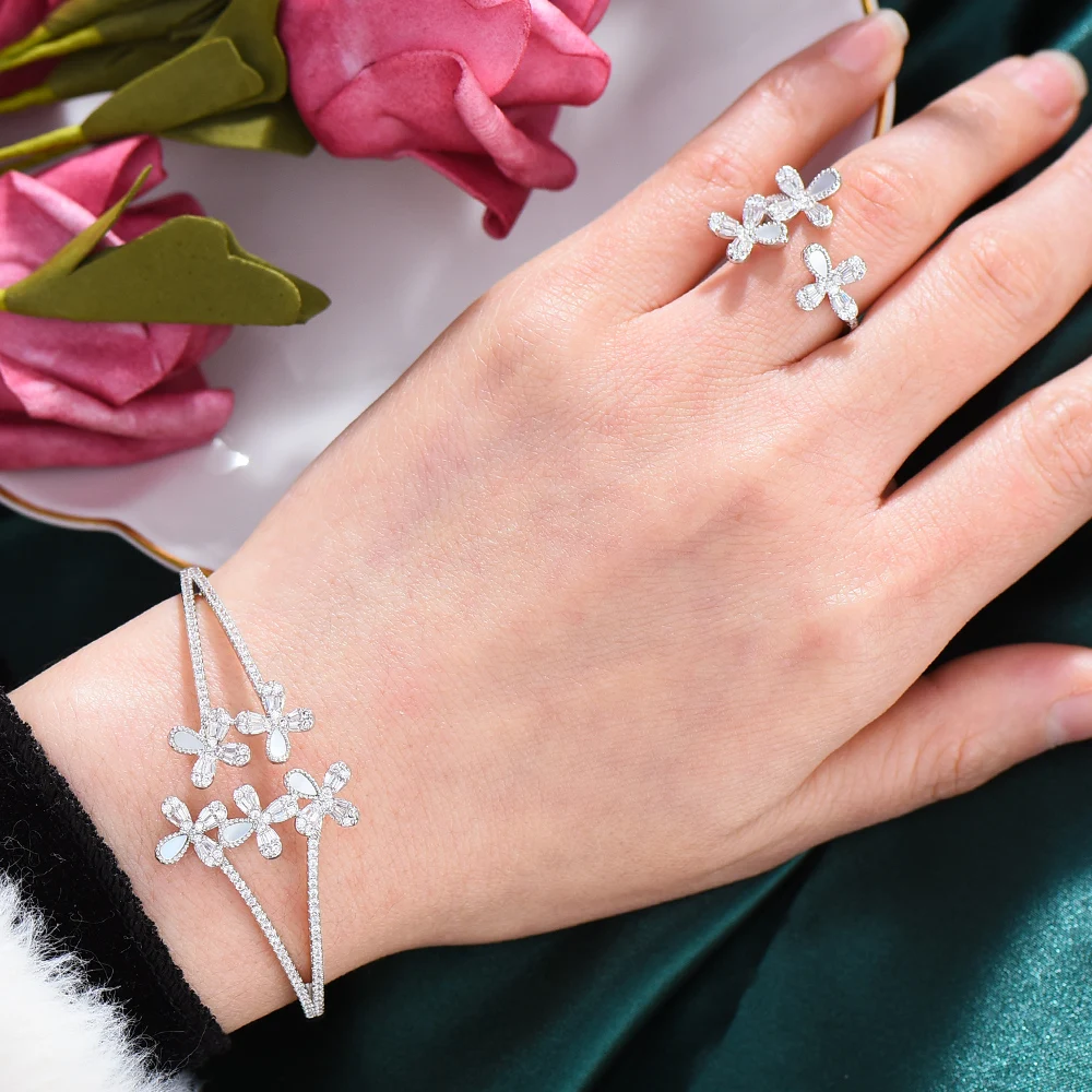 GODKI хип-хоп цветы 2 браслет с несколькими рядами набор колец украшений для женщин