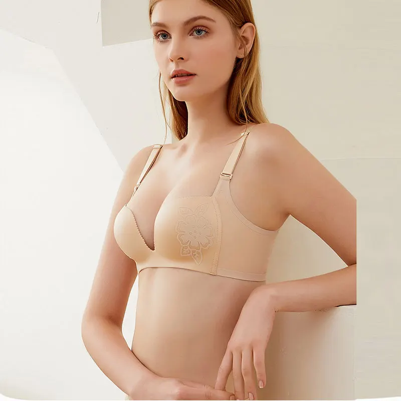 Новый легкий бесшовный бюстгальтер с вышивкой пиона глубоким V-образным вырезом
