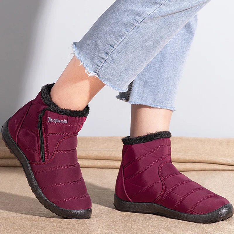 

Women Boots Fur Warm Snow Boots For Women Side Zipper Ankle Boots Waterproof Ladies Flat Shoes Solid Color Shoes Woman Plus Size
