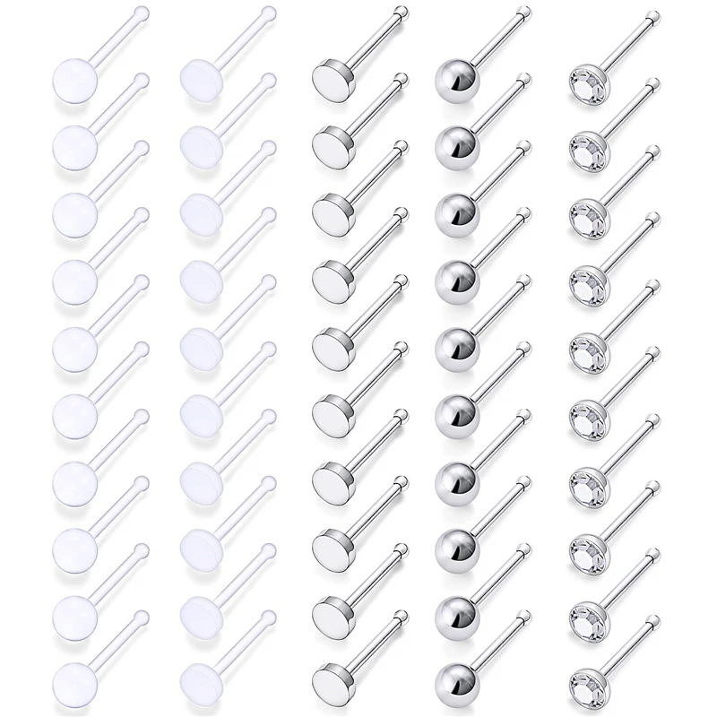 50-Pack 22G кольца для носа 316L хирургическая сталь прозрачный акриловый CZ ноздрил шпильки кости шпильки для пирсинга ювелирные изделия