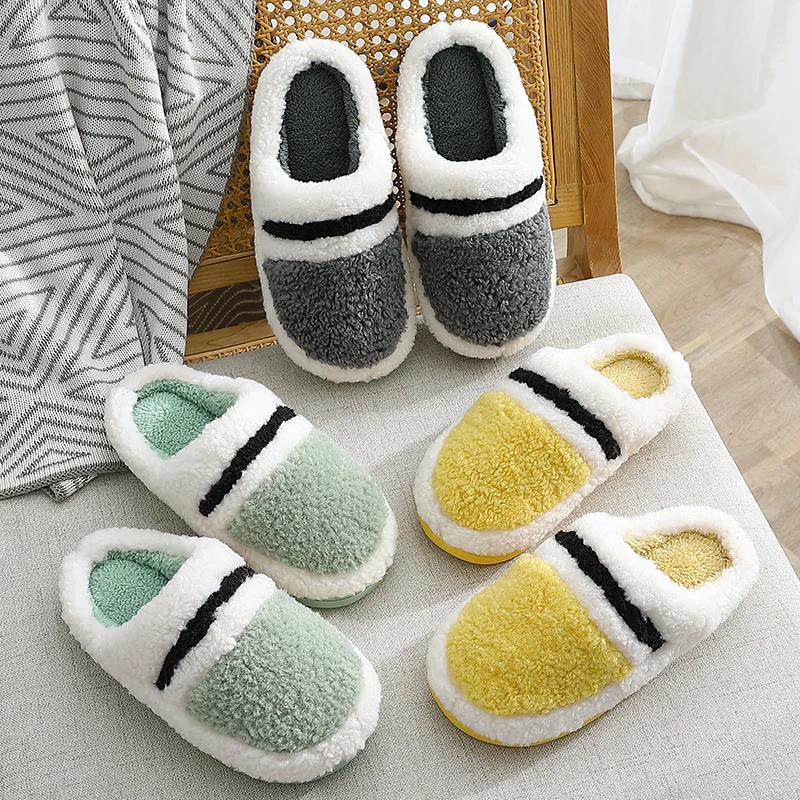 

Women Plush Slippers Winter Warm Candy Patchwork Soft Sole Shoes Men Couples Ladies Home Indoor Bedroom Slip On Fur Slides
