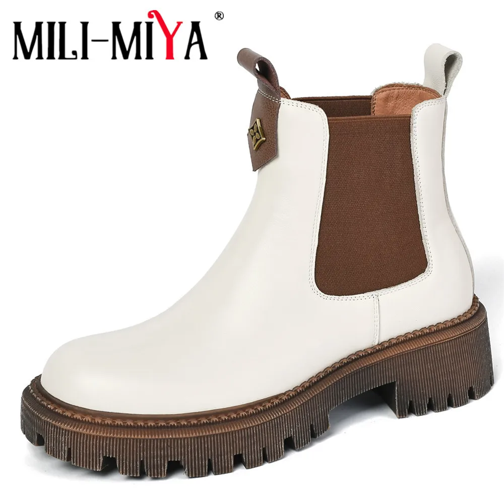 

MILI-MIYA Genuine Cow Leather Women Chelsea Ankle Boots Elastic Rubber Outsole Round Toe By Handmade Shoes Size 34-40 Beige