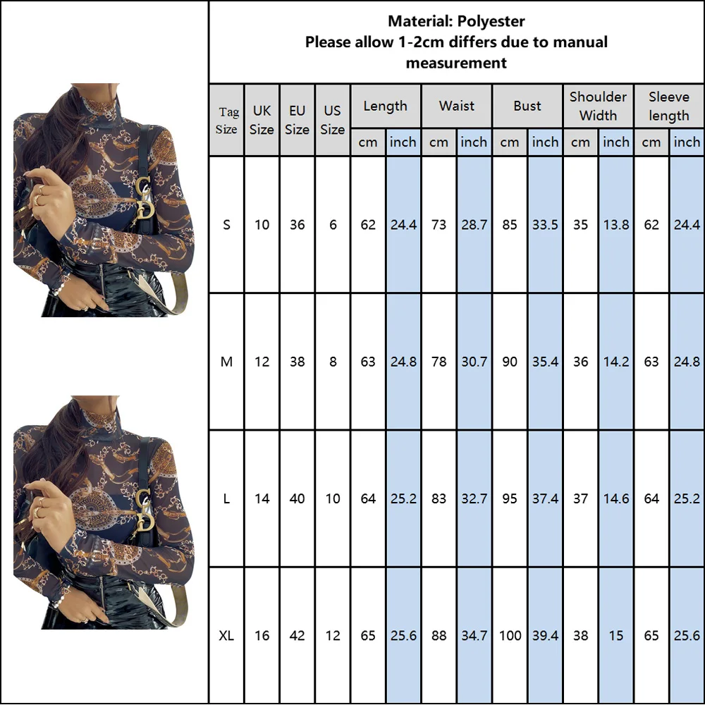 

Women Chain Printed Turtleneck Tee Shirts Sexy Mesh Sheer Transparent T-Shirts Female Long Sleeve Slim Fit Tshirts camisetas D30