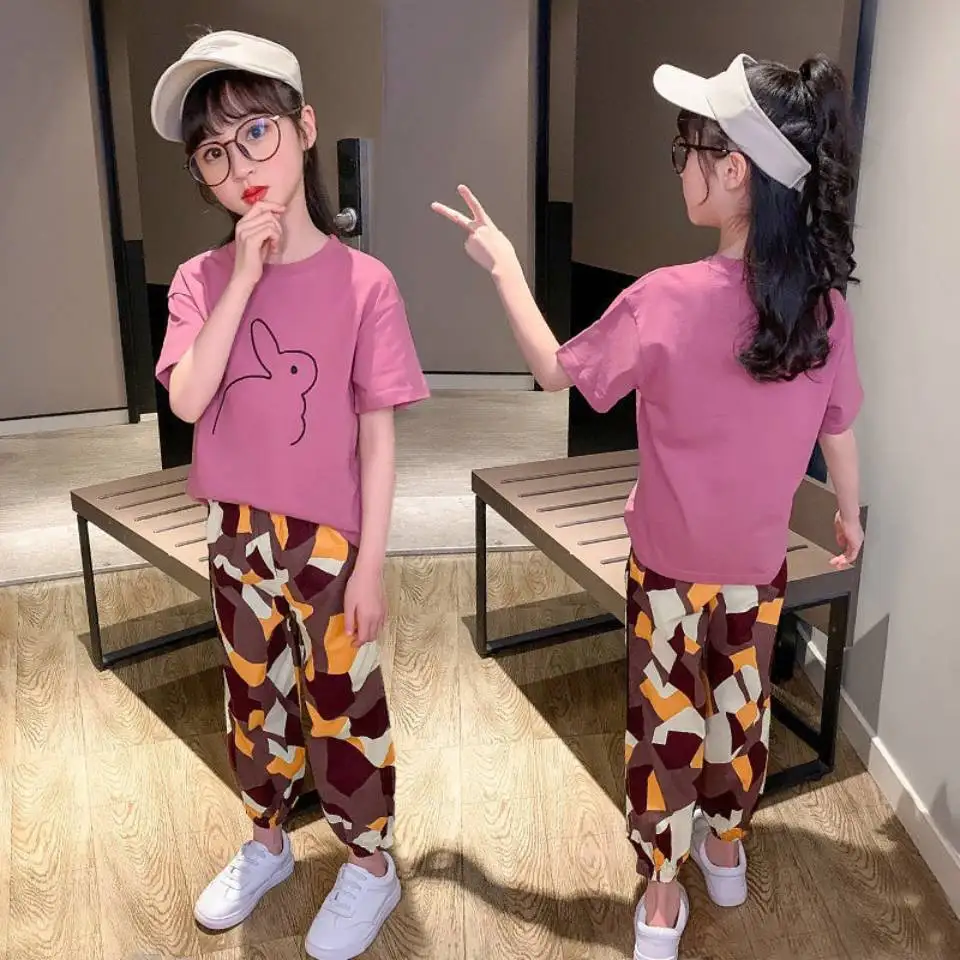 Спортивный костюм для девочек штаны и футболка 2 шт./компл. повседневная одежда