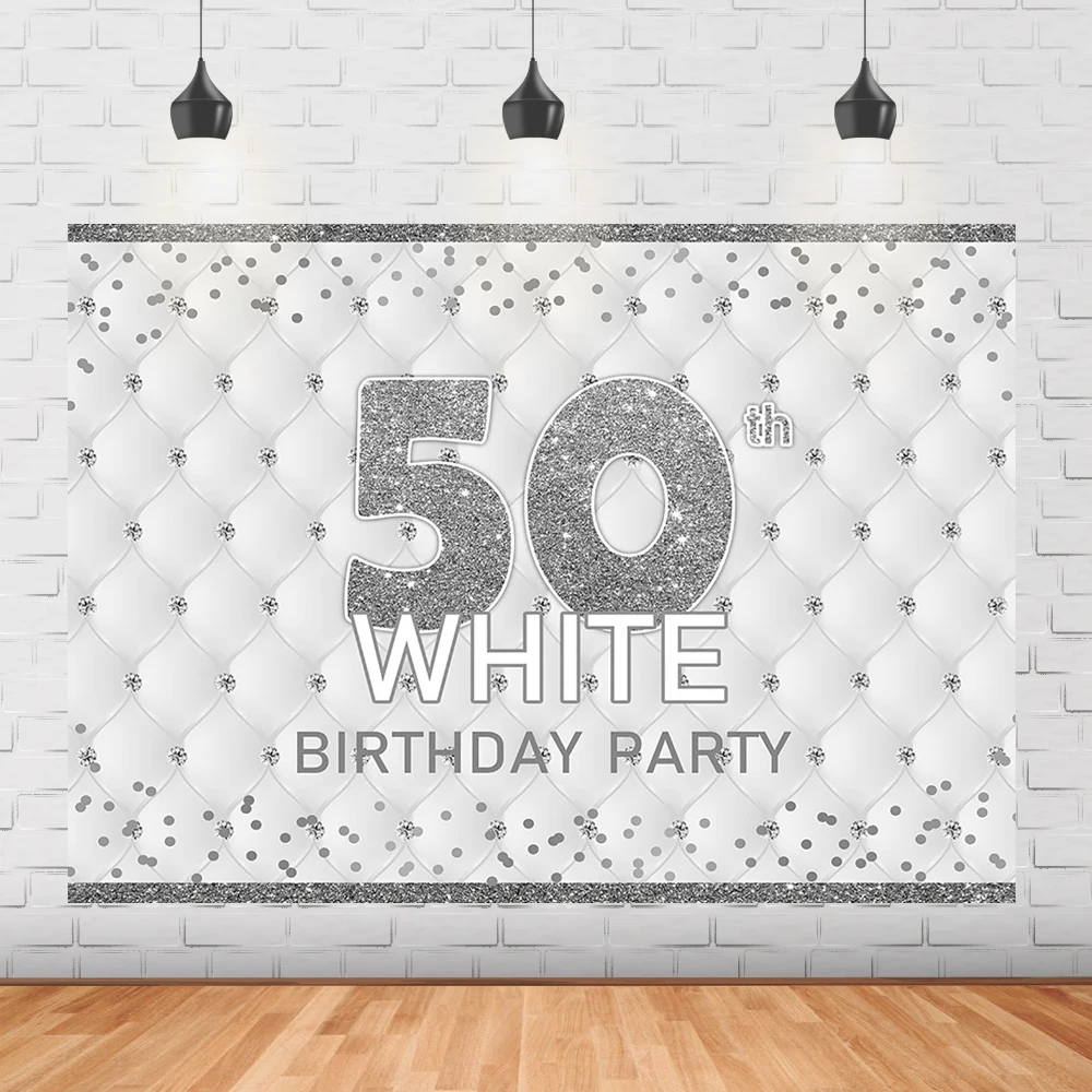 50th White Birthday Backdrop White Heardboard Women Birthday Party Decoration Silver Glitter Fifty Birthday Photo Studio Props