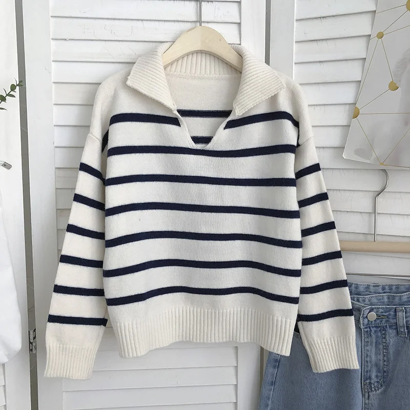 

Осенний полосатый свитер, Женский Повседневный пуловер с длинным рукавом, 2021, корейский стиль, свободные Модные топы