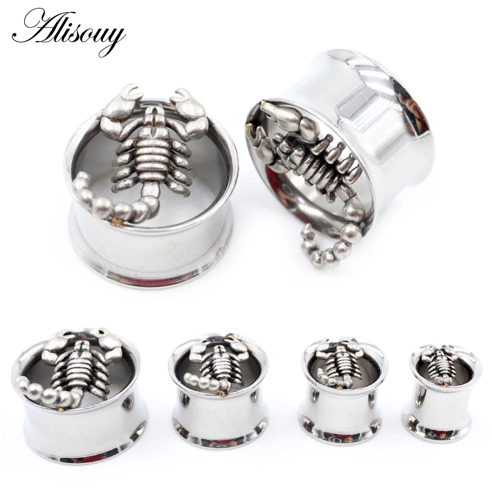 Alisouy 2pcs 8-25mm Stainless Steel Hollow Scorpion Ear Tunnels Plugs Expander Stretcher Earrings Gauges Body Piercing Jewelry