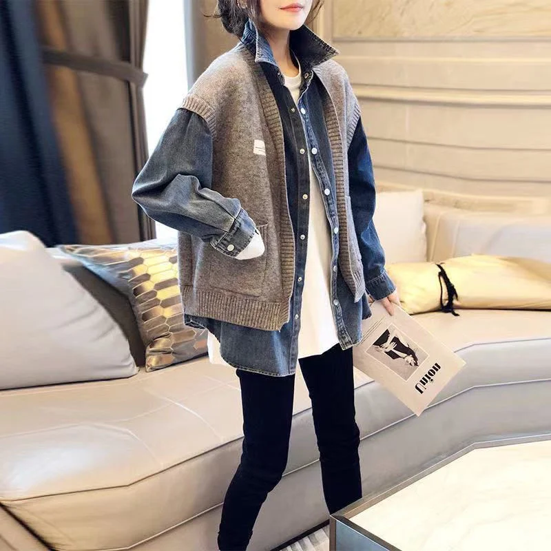

Women Loose Sweater Cardigan Stitching Denim Coat Female Long Sleeve Knitted Jacket Ladies Autumn Winter Warm Tops