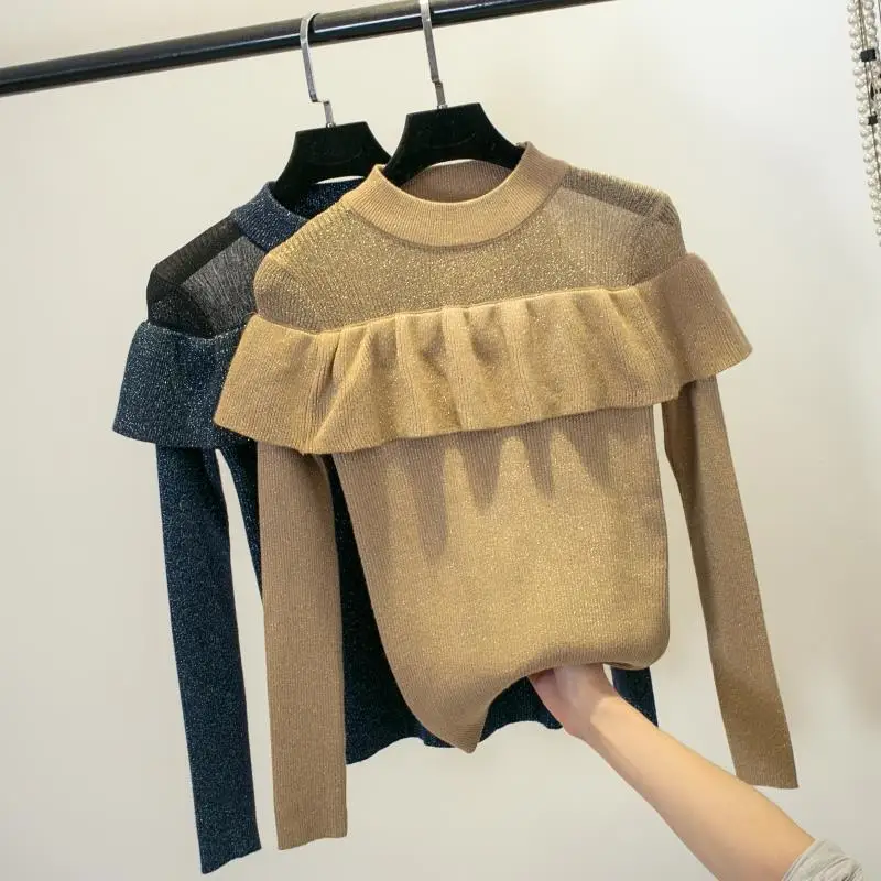 

Spring and Autumn New Bright Silk Ruffled Knitwear Women Flash Wooden Ear Bottoming Shirt Sweater Top Fashion