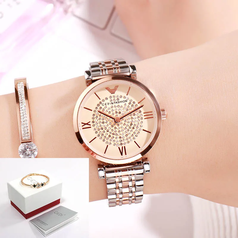 Rosegold gold box ЖЕНСКИЕ НАРЯДНЫЕ часы GEDI, роскошные часы с кристаллами, кварцевые часы для девушек, роскошные женские наручные часы из нержавеющей стали, часы reloj mujer - Цвет: Rosegold gold box