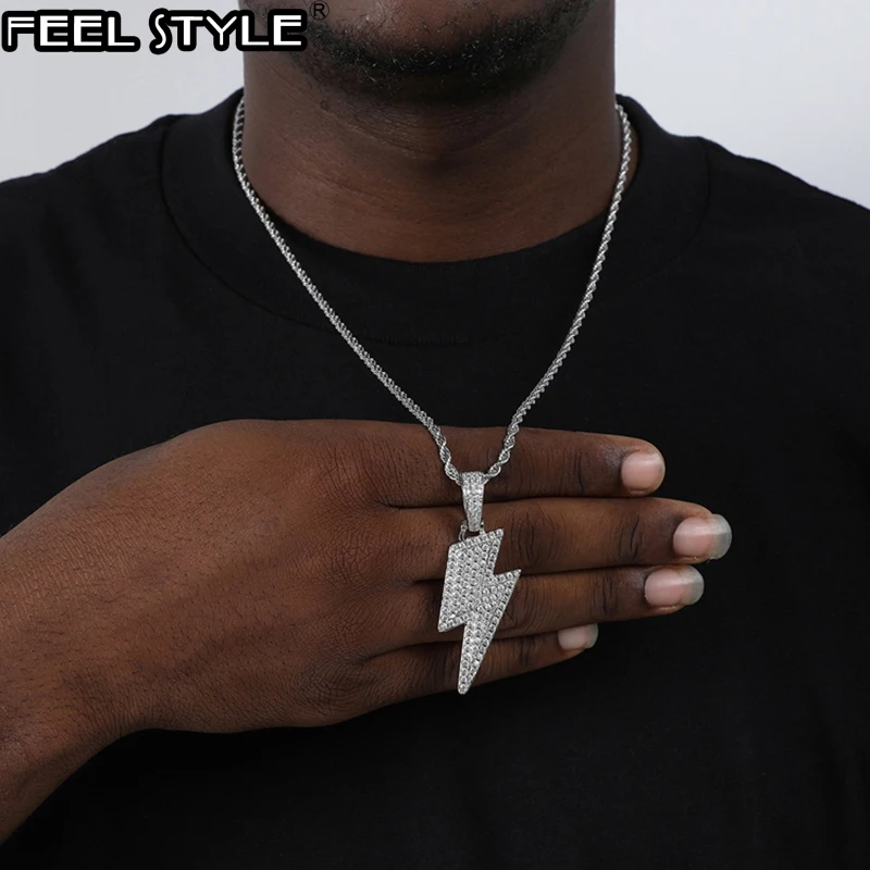 

Hip Hop Bling Iced Out Micro Paved CZ Lightning Pendants & Necklaces For Men Rapper Jewelry With Tennis Chain Solid Back