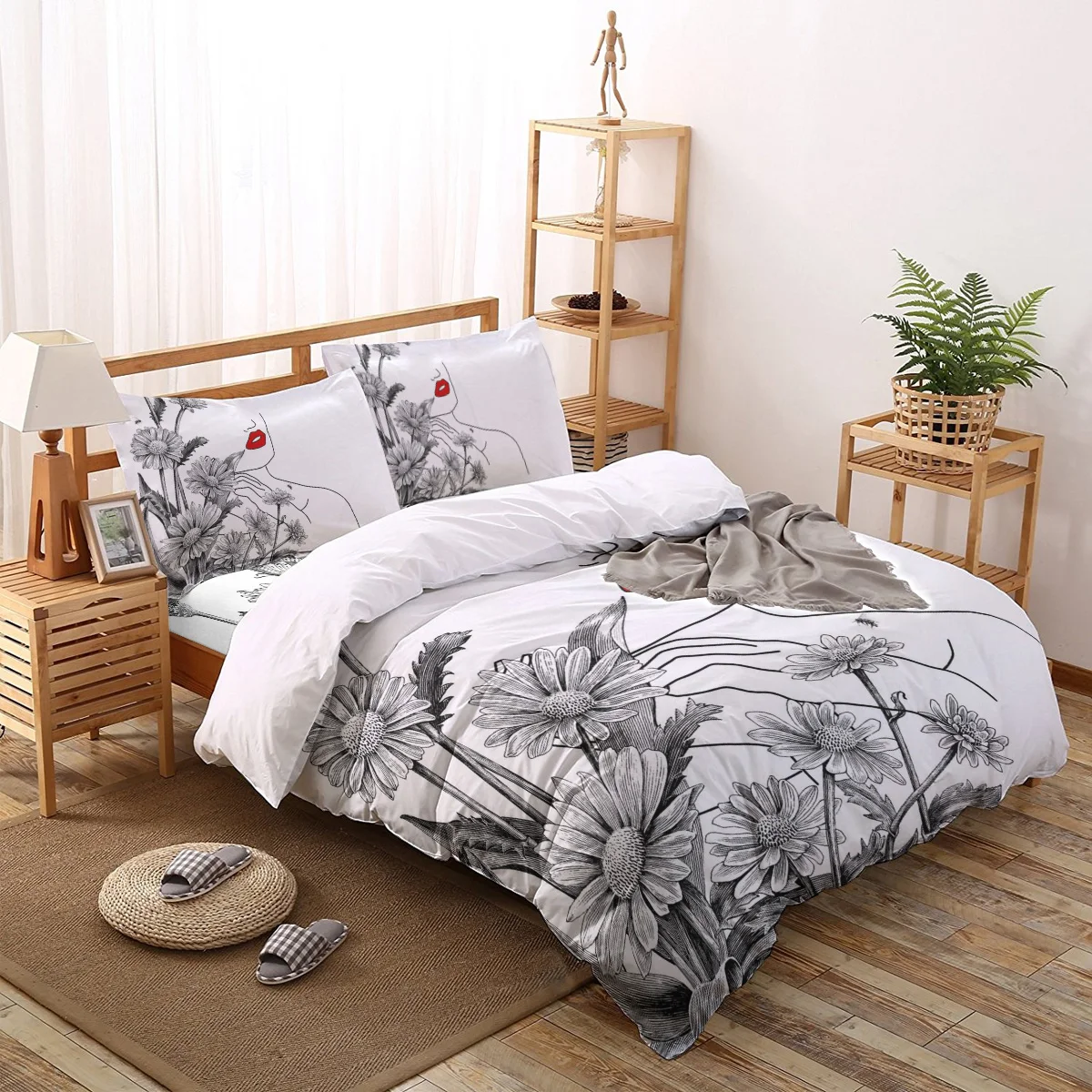 

Flower Daisy Female Line Red Lips Bedding Set For Home Duvet Cover Set Bedclothes Bed Linens Sheet Queen King Size Qulit Covers