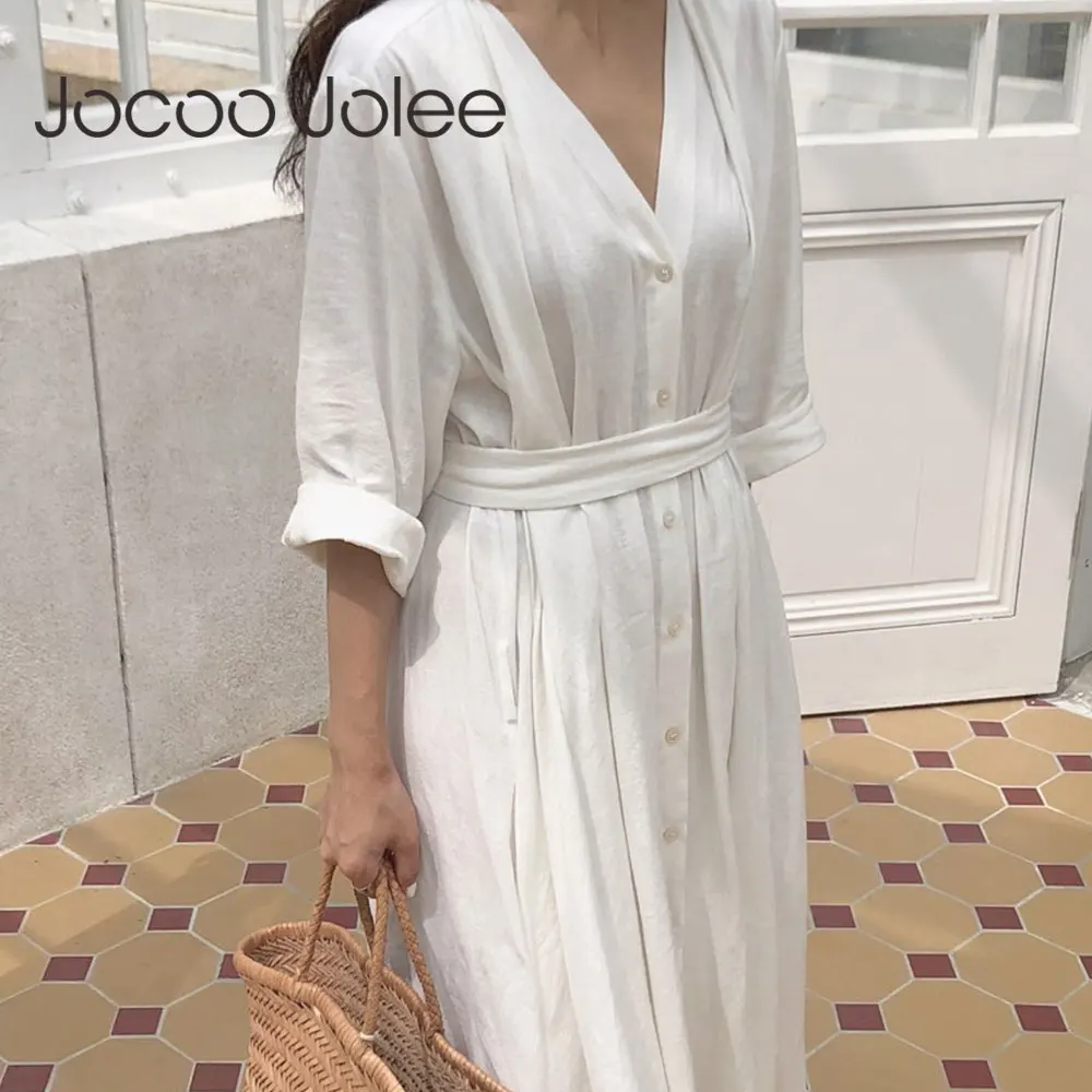 Женское платье рубашка с V образным вырезом из хлопка и льна|Женские платья| |