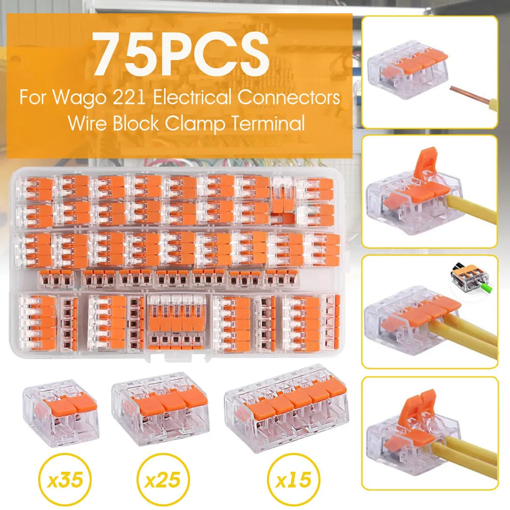 

75x For Wago 221 Electrical Connectors Wire Block Clamp Terminal Cable Reusable Wire Connector Home Improvement Lamp Terminal
