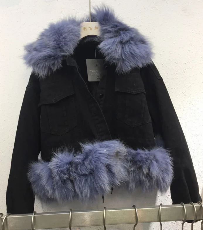 black blue Джинсовая куртка из натурального Лисьего меха, женская зимняя куртка, Женская куртка, пальто, зимнее теплое пальто, Femme - Цвет: black blue