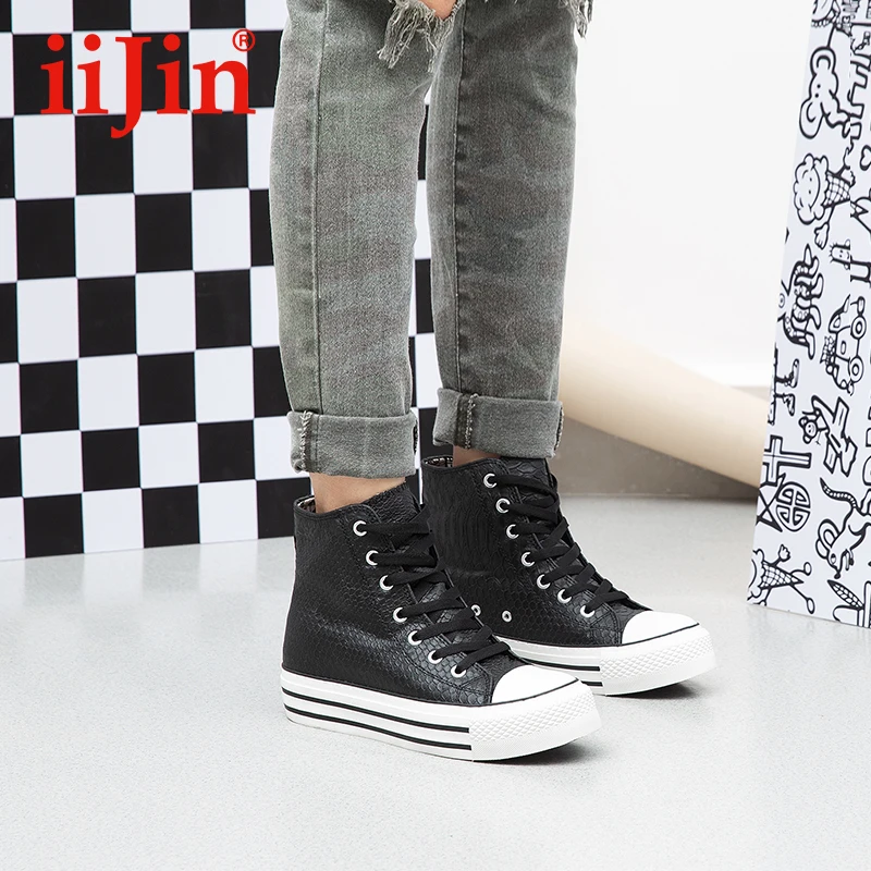 melhor Primavera Outono Textura De Crocodilo Preto Alto-topo Invisível Calcanhar Interno Crescente Rua Personalidade Plataforma Casual Sapatos Femininos