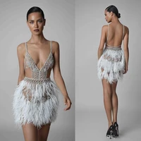 luxury feather short evening dresses 2021 sexy deep v neck backless beaded crystal prom dress spaghetti strap formal party