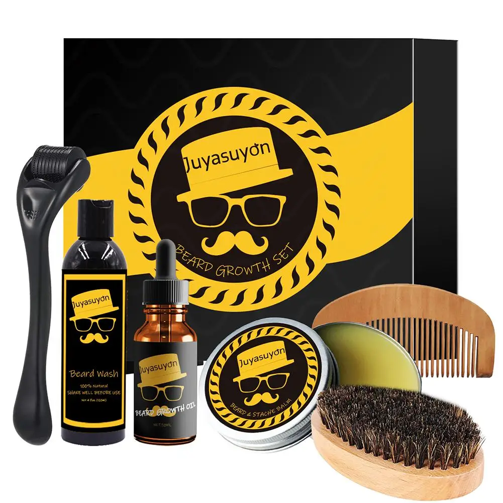 

7Pieces Beard Care Set 120ml Beard Shampoo 30ml Beard Oil Beard Cream Roller Comb Beard Brush Storage Bag 2020