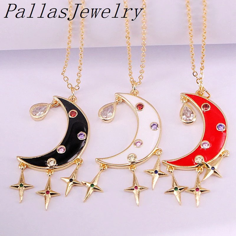 

10Pcs Fashion Enamel Moon And Multicolor CZ Micro pave Charm Pendant Necklaces Gold Color Jewelry For Lady Girls