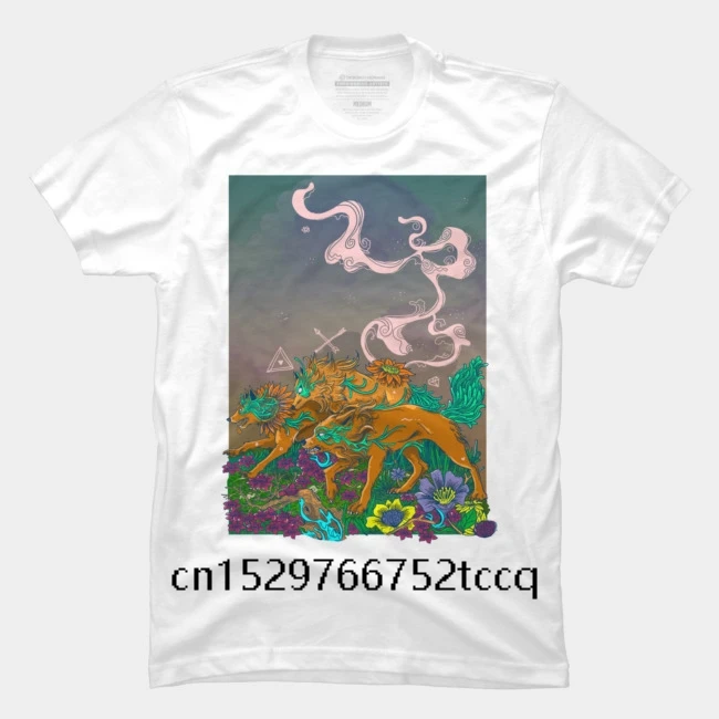 

Футболка мужская с круглым вырезом, модная свободная тенниска с графическим принтом и коротким рукавом, белая майка с волком и цветком, на л...