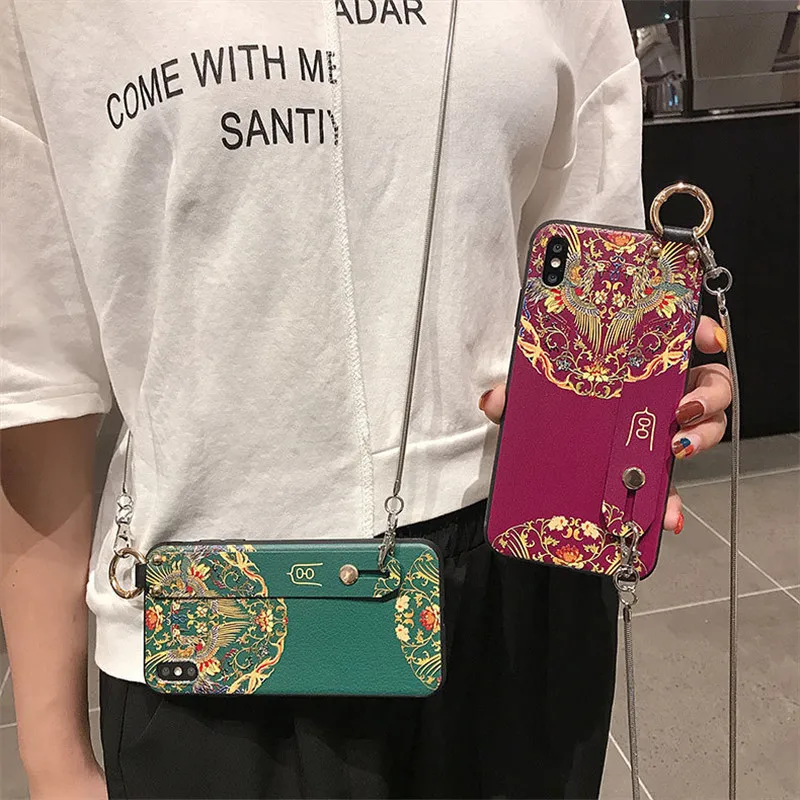 Ретро китайский стиль ремешок на запястье Чехол Для Телефона iphone 6 6s 7 8 plus чехол для iphone X Xs max XR Мягкий ТПУ чехол с длинной цепочкой