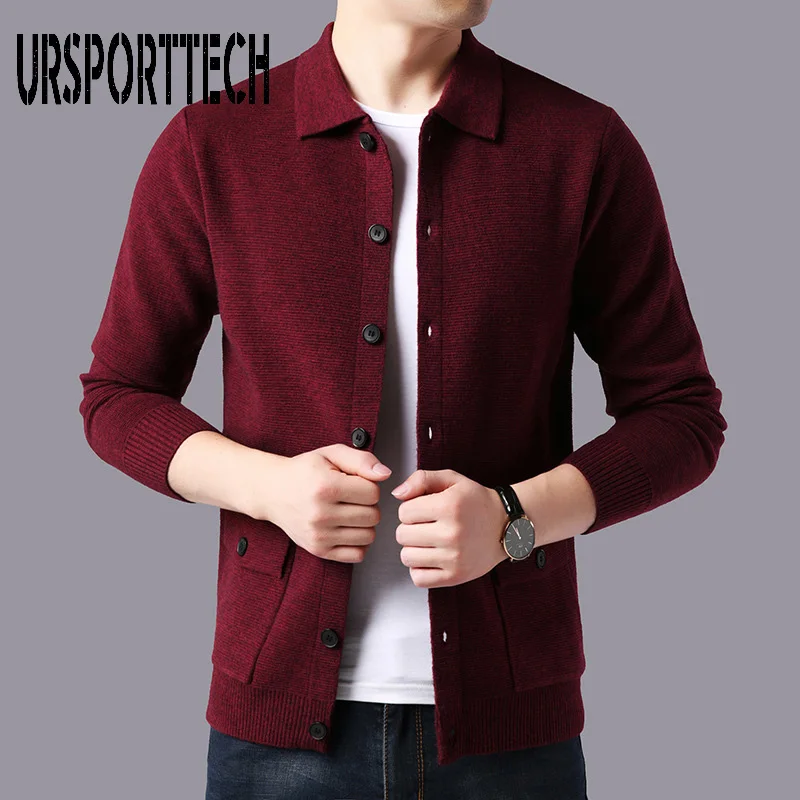 URSPORTTECH Men Cardigan Sweater Streetwear Fashion Sweater Coat Men Autumn Winter Warm Cashmere Woolen Cardigan Men With Pocket