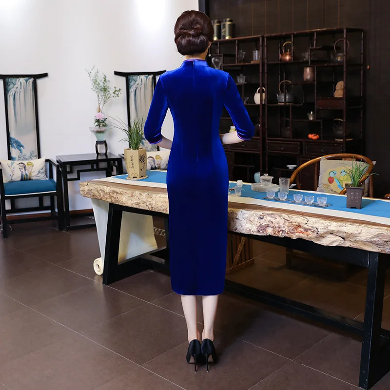Осенние бархатные Тонкий Cheongsam элегантный китайский Стиль вечернее платье с