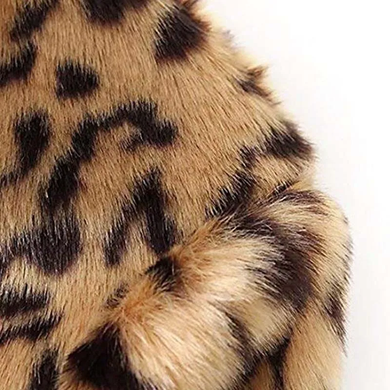 Fashion Leopard Faux Fur Coat Medium Long Top Overcoat Long Sleeve Casual Outwear Winter Faux Fur Coats Women Warm With Pockets