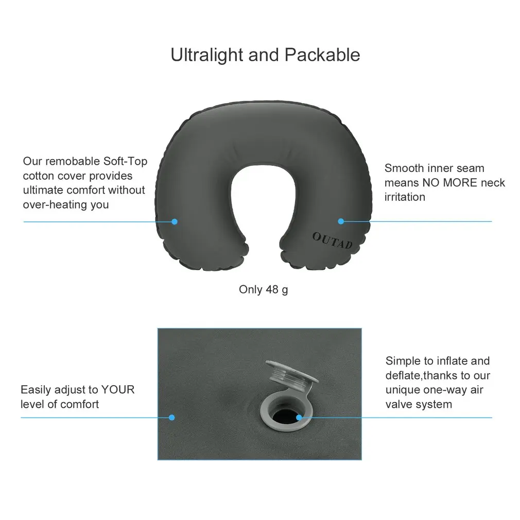 OUTAD Ultralight TPU Ergonomic Neck Concave Inflatable Air Pillow U-Shaped for Outdoor Camping Travel Bus Car Train Airplane | Дом и сад