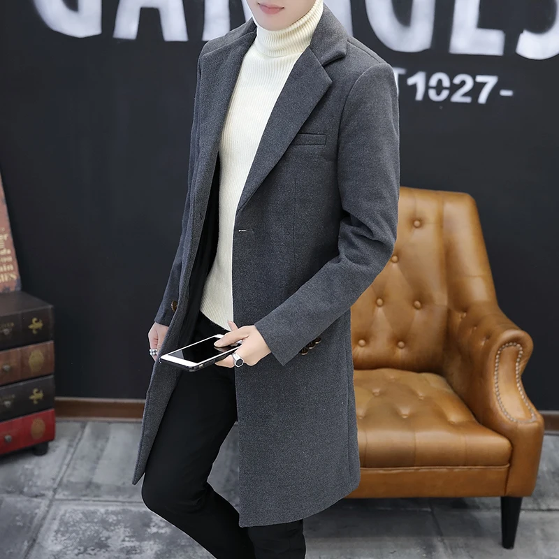 

Men's Cotton/Wool Blend Windbreaker New Black Grey Mid Long Length Jacket Korean Style Slim Over Knee Coat Trend Woolen Coat Top