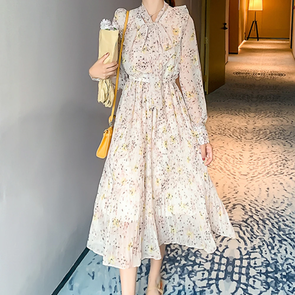 

Spring Floral Print Chiffon Long Dress Elegant Ruffled Pleated Lace-Up Full-Sleeved Vestidos Women'S Casual Beach A-Line Robe