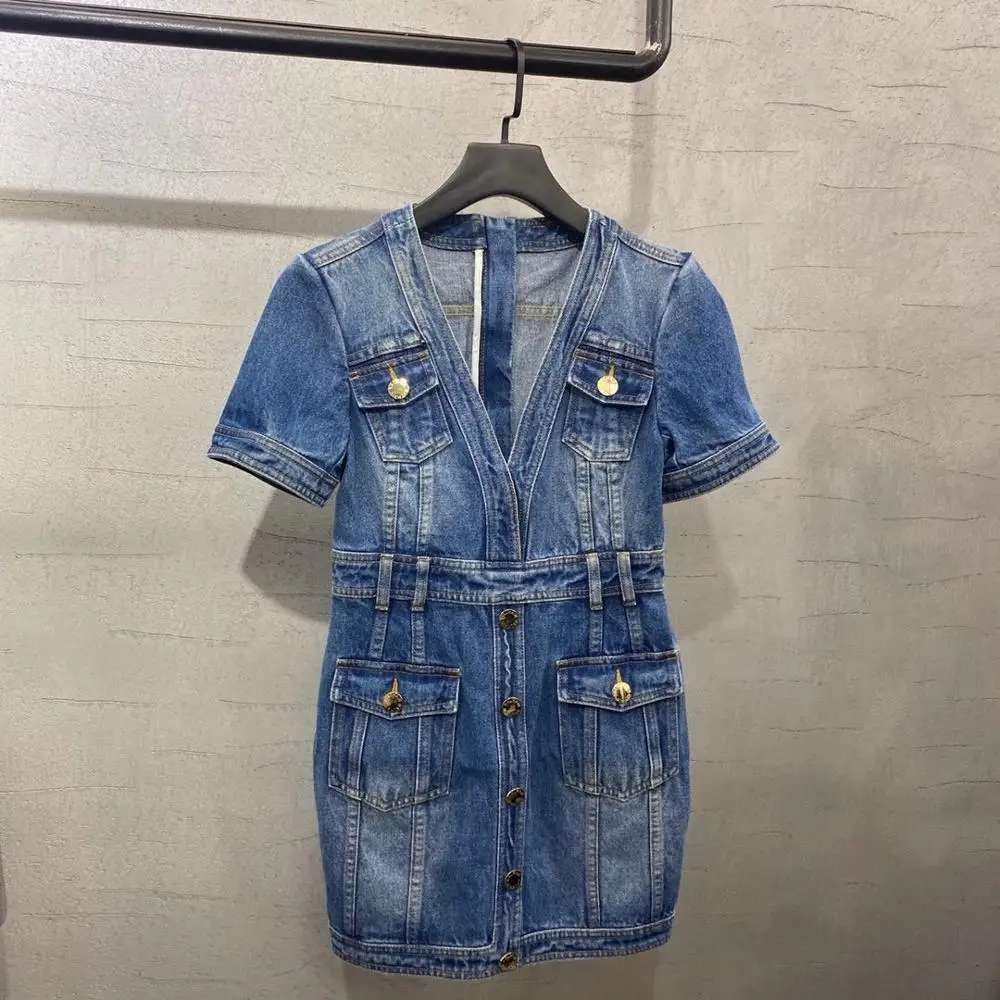 

Модные осенние женские джинсовые платья 2021FW с V-образным вырезом высокого качества, повседневные платья для женщин Gdnz 10,18