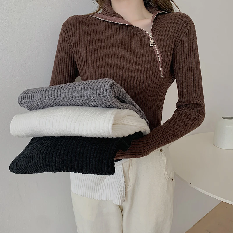 

Knitted Sweater Women Autumn Winter Long Sleeve Zipper Turtleneck Fashion Female Sweaters Ladies Fitted Pullover Jumpers