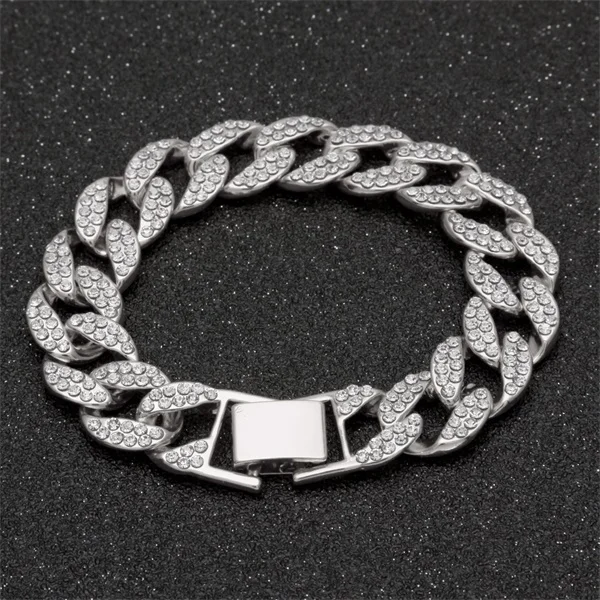 Silver Iced Out 15 мм для женщин Bling полный горный хрусталь США кубинская звено цепи хип хоп браслет золотые серебряные браслеты ювелирные изделия для мужчин - Окраска металла: Silver