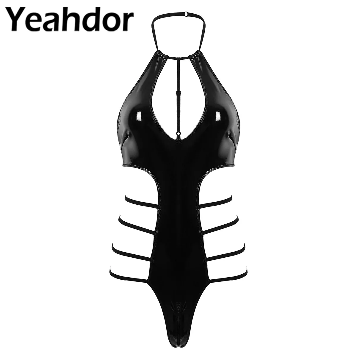 

Womens Sexy Bodysuits Halter Neck Sleeveless Low Back Side Cut Out Wet Look Patent Leather Leotard Bodysuit One-piece Clubwear