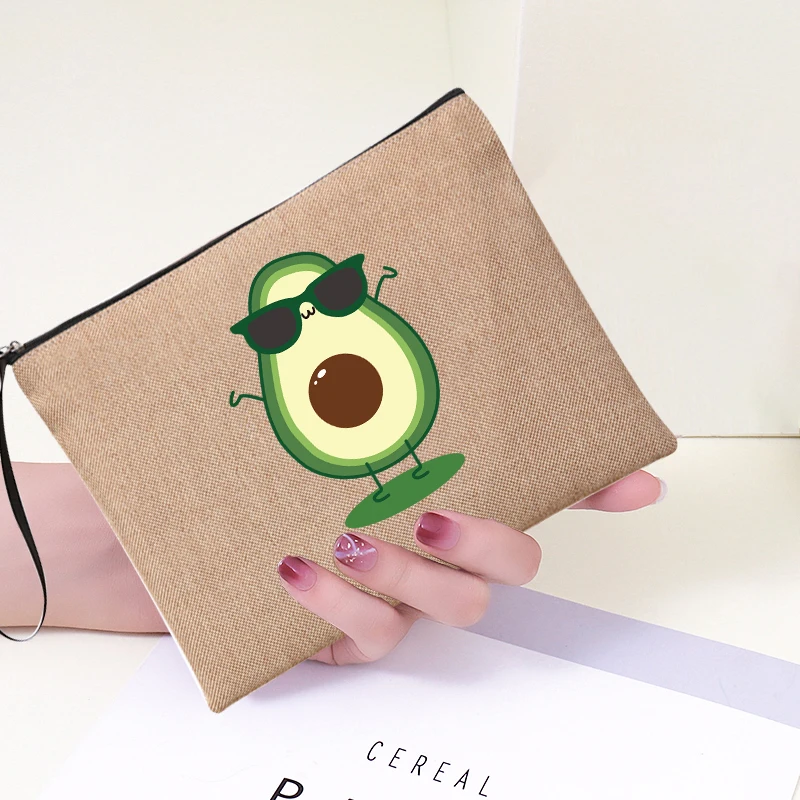 

Linen Cosmetic Bags Avocado Printing Women Make Up Bag Linen Zipper Pouchlipstick Bag Custom Makeup Palette with My Logo