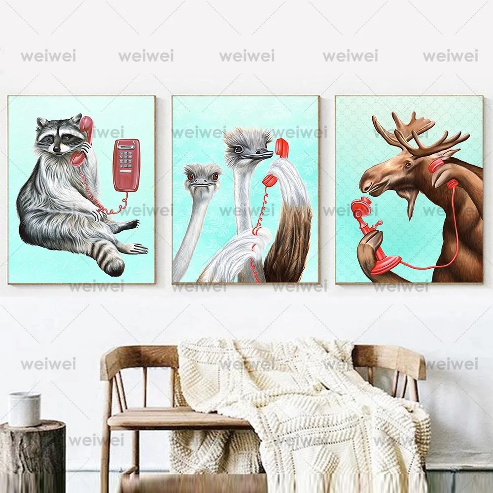 

Funyy Animals Answer The Phone Posters Ostrich Cat Dog Raccoon Canvas Painting Abstract Wall Pictures for Living Room Home Decor