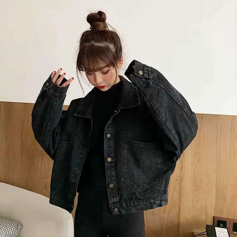 

Black Denim Short Jackets Women Loose Single Breasted Button Pockets Korean Style Chic Retro Harajuku Casual Streetwear Womens