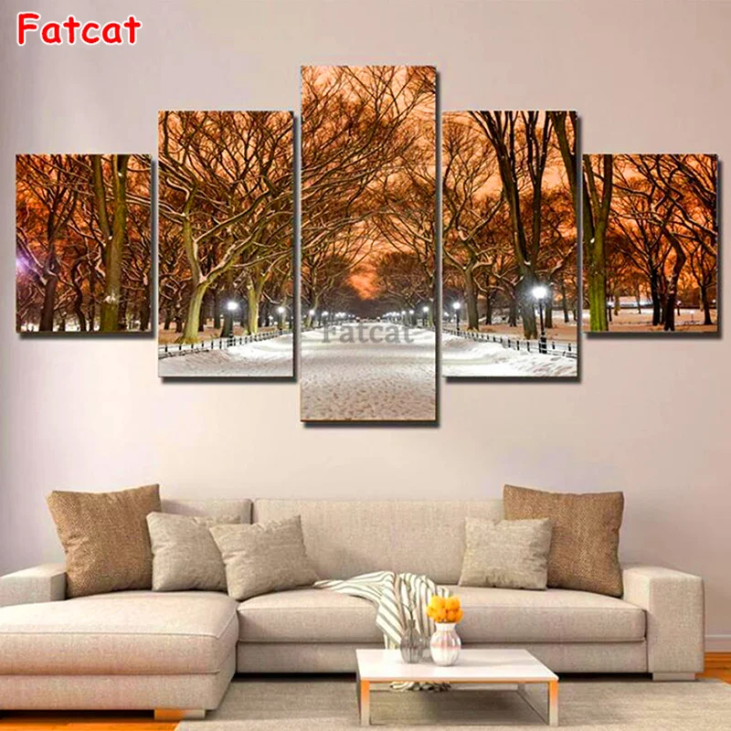 

5 Panels 5D Diy Full Square Diamond Painting Tree Snow Night Multi-Picture Combination 3D Winter landscape Embroidery Kit PP1633
