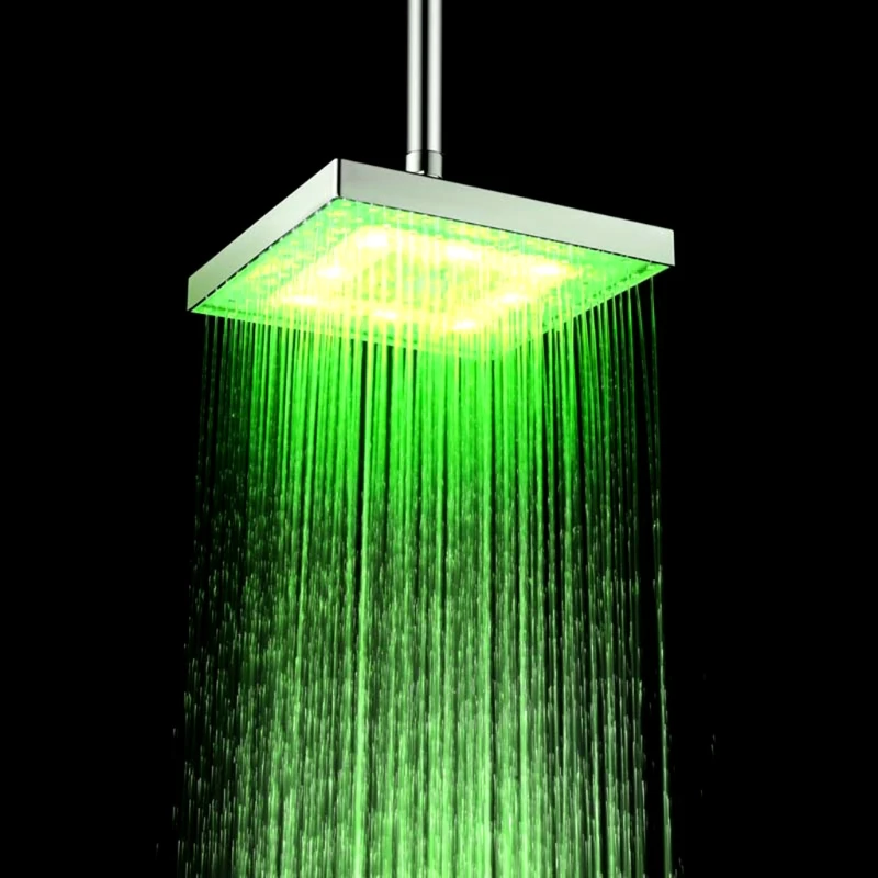 

8 Inch Square Rainbow LED Shower Head Temperature 3 Color Changing ABS Finish 8 LEDs Bathroom Top Overhead Spray