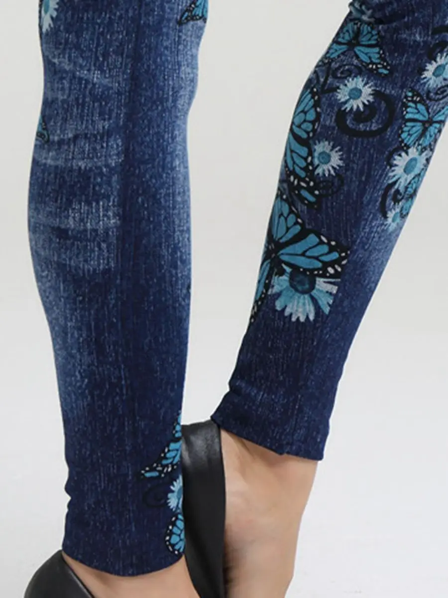 

Female Imitation Cowboy Leggings Tall Waist Printing Carry Buttock Super Elastic Skinny Pants Breathable Seamless Pencil Pants