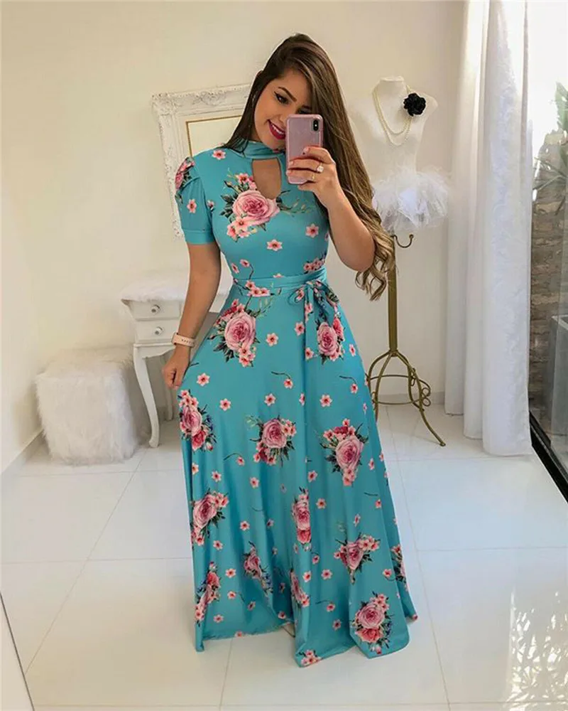 Летнее женское длинное платье большого размера с высокой талией элегантное