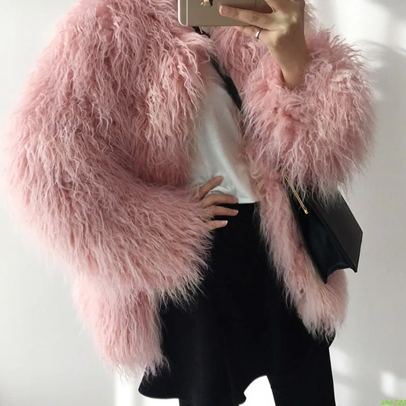 

New Autumn Winter Warm Faux Fur Coats Female Pink Fashion Casual Long Hair Imitation Hairy Fur Coat Parkas Short Women Outerwear