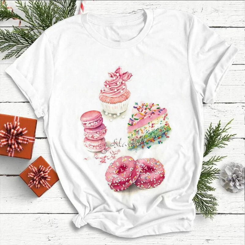 

Donuts And Cake Graphic Print T-shirt Women 2020 New Summer Vogue Tshirt Tee Harajuku Aesthetic Casual Streetwear Female T Shirt