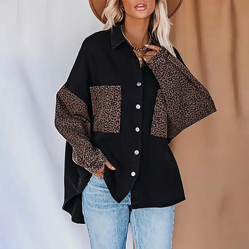 

Casual Long Sleeve Loose Tops Fashion Contrast Leopard Printed Shirts Fashion Single Breasted Autumn Blouses For Women Blusas