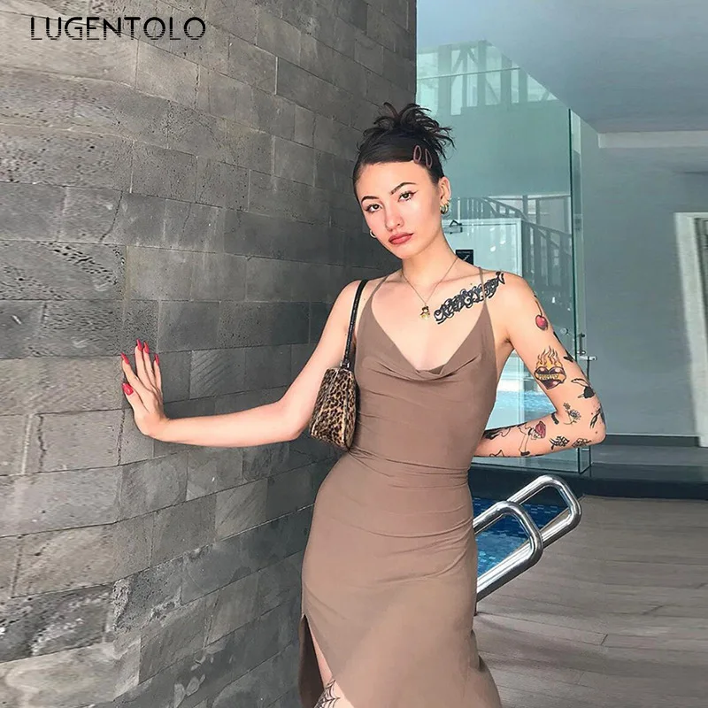 

Lugentolo Summer Women's Sexy Dress Spaghetti Strap Slim-Fit Hip Irregular Hem Sleeveless Lady Simple Party Dress