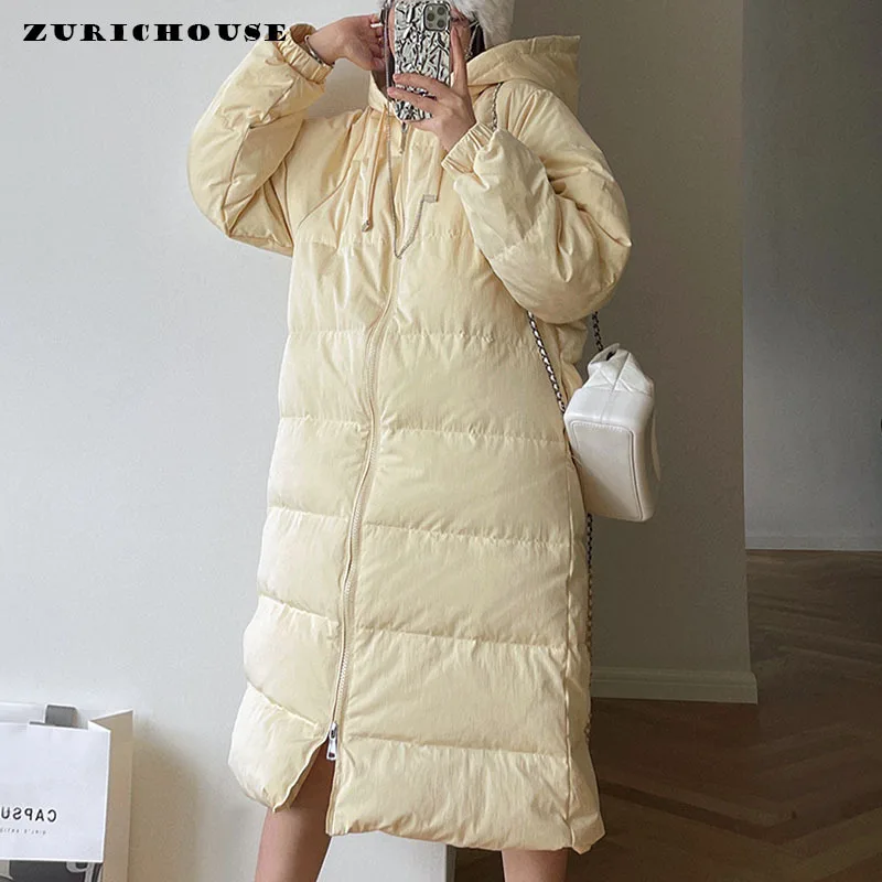 

ZURICHOUSE Stylish Two-way Zipper Hooded Down Jacket Women Warm 90% White Duck Down Coat Female Thicken Long Winter Parka