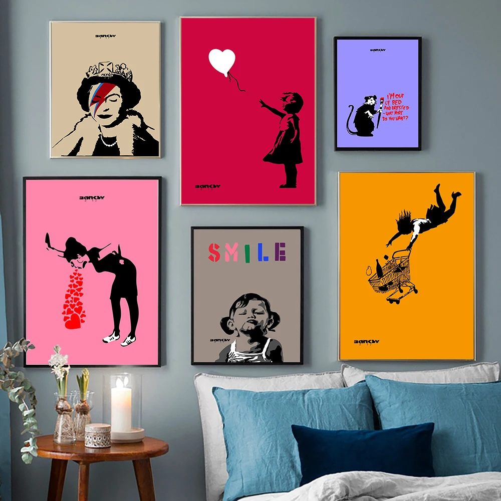 

Banksy Queen Graffiti Art Pictures Abstract Canvas Painting Colorful Smile Girl Wall Posters Prints Retro Living Room Home Decor